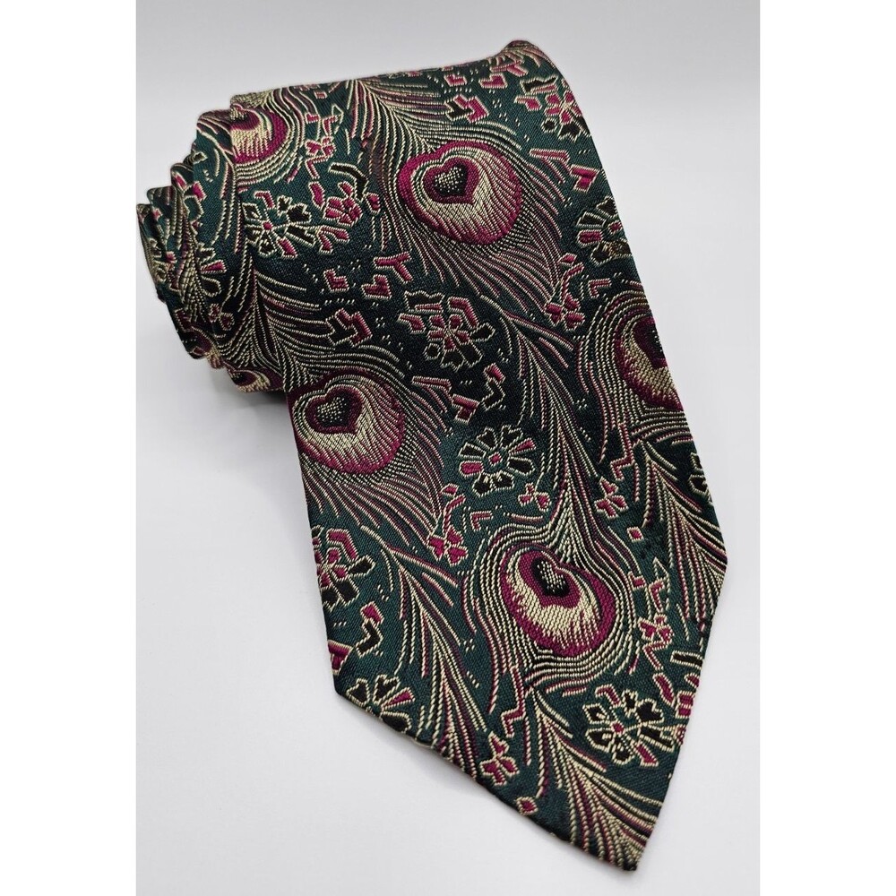 Vintage Chaps Ralph Lauren 100% Silk Burgundy and Green Peacock Feathers Tie
